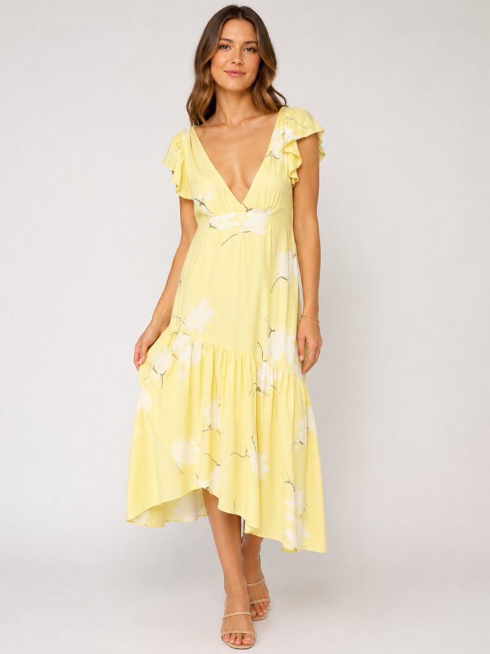 Free People Floral Ruffle Sleeve Tie Back Side Zip Yellow Midi Dress Sz 0